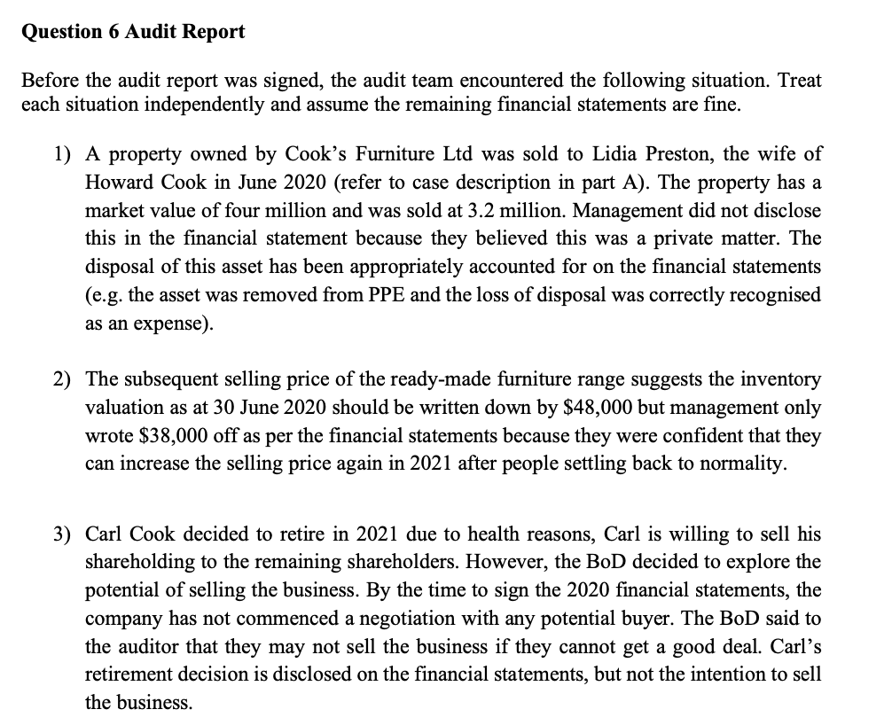 Question 6 Audit Report Before the audit report was signed, the