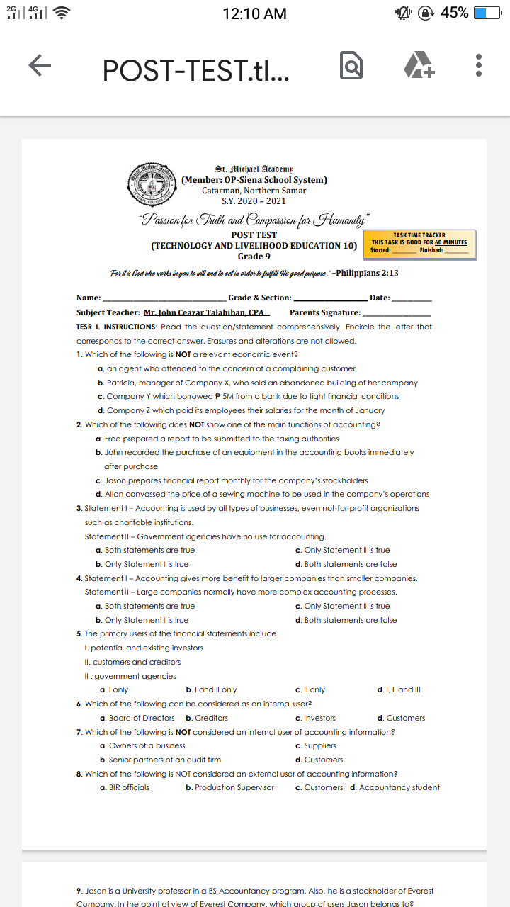 Kindly answer this please! 2G 12:10 AM 1 45% POST-TEST.tl... Q ..