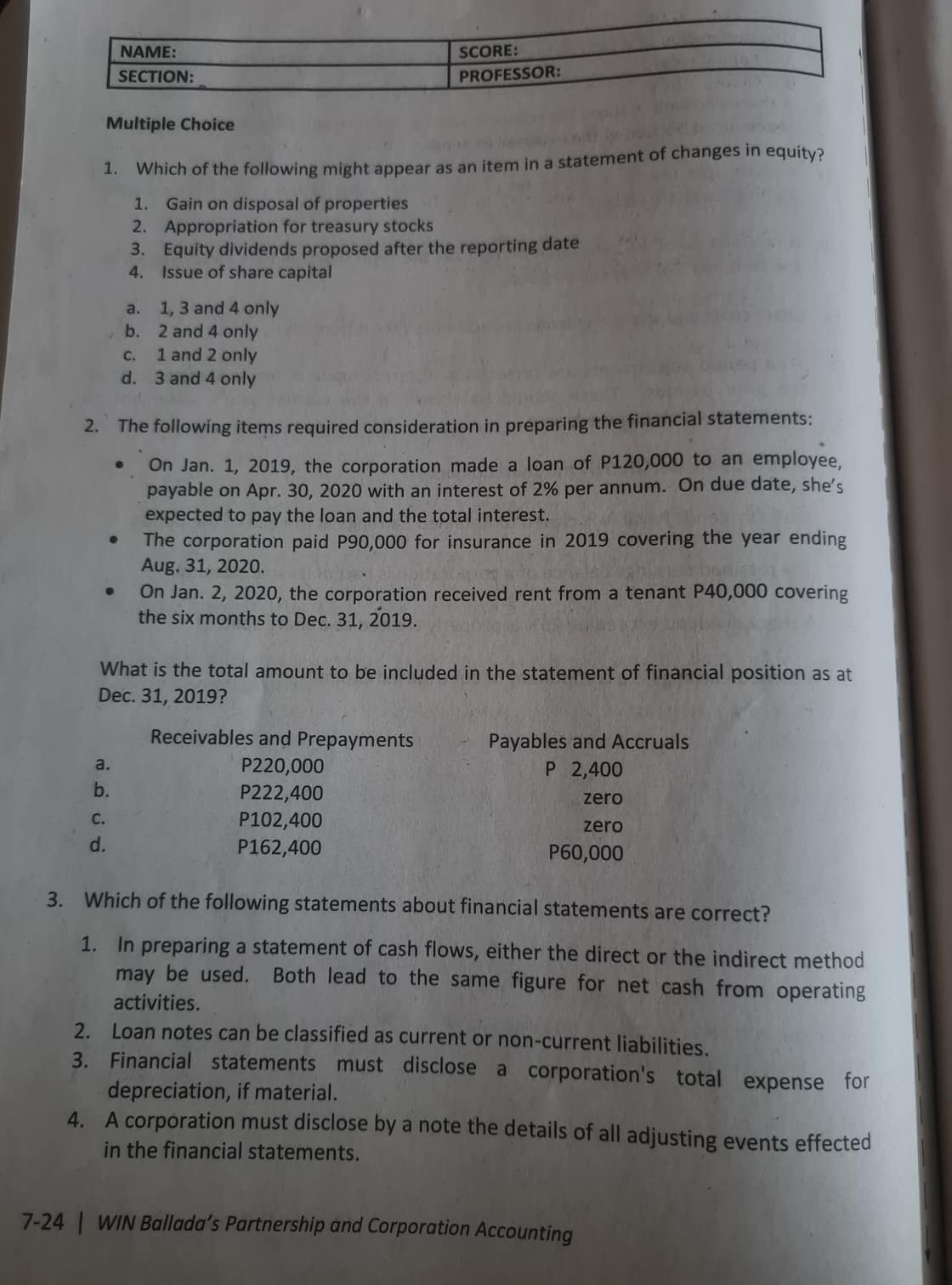 4 only C . 3 and 4 only d. All four items