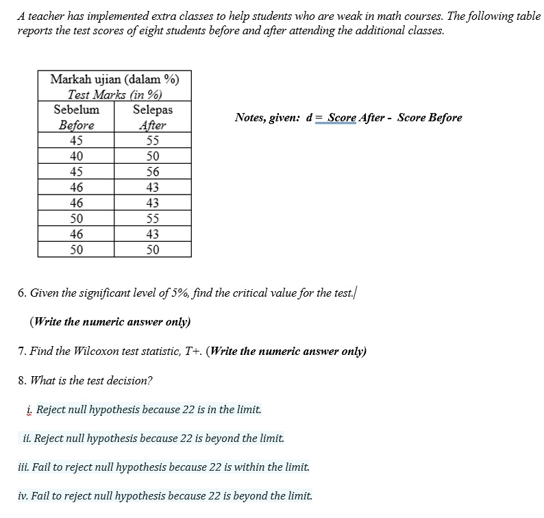 weak in math courses. The following table reports the test scores of