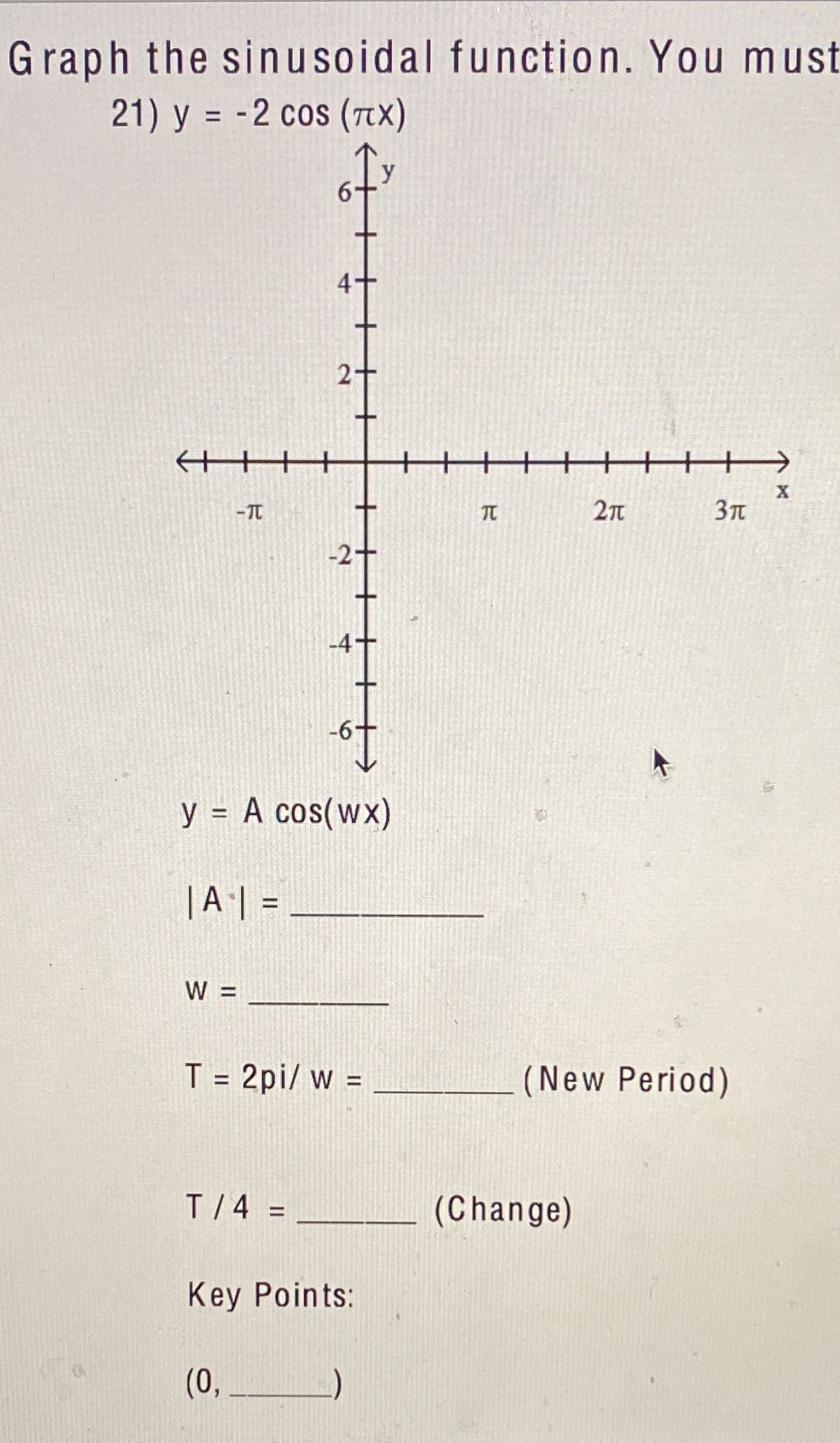  Graph the sinusoidal function. You must 21) y = -2 cos