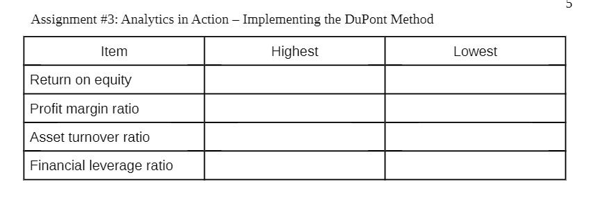 Assignment #3: Analytics in Action - Implementing the DuPont Method Item