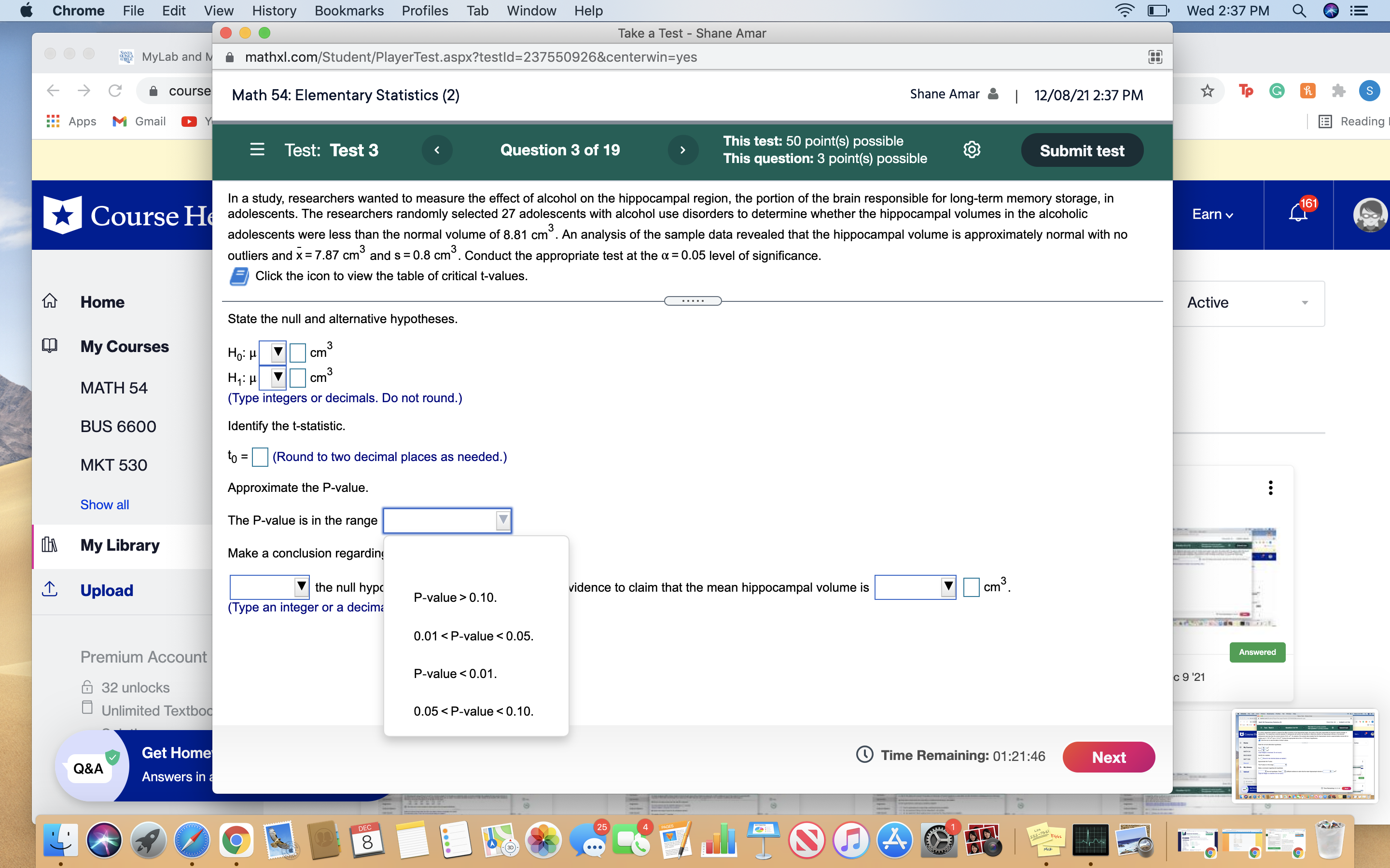 2:37 PM Q DE ... Take a Test - Shane Amar MyLab
