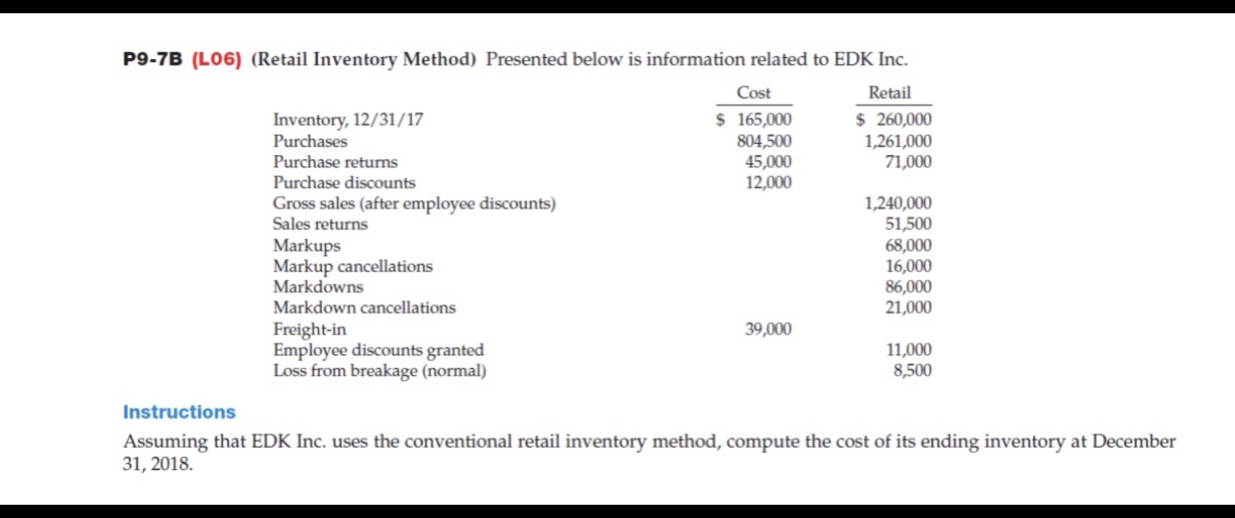 P9-7B (L06) (Retail Inventory Method) Presented below is information related to