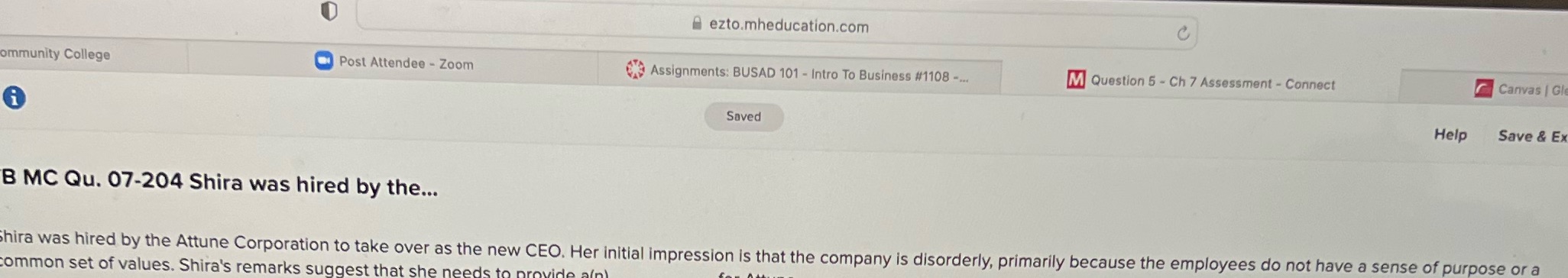 Answer ezto.mheducation.com ommunity College Post Attendee - Zoom Assignments: BUSAD 101 -