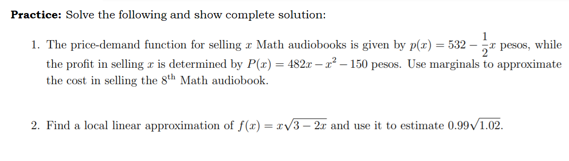 pricedemand function for selling a: Math audiobooks is given by p(:r) =