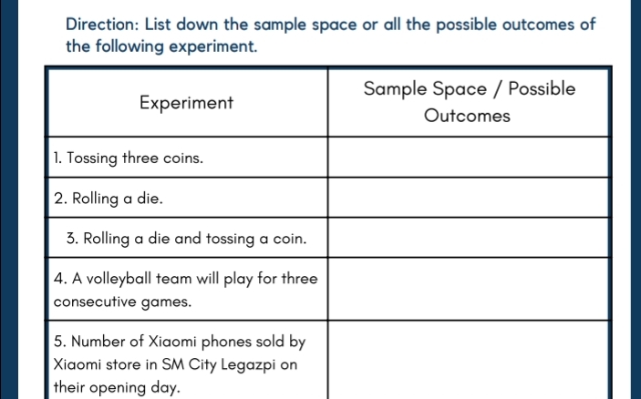 Please answer : Direction: List down the sample space or all the
