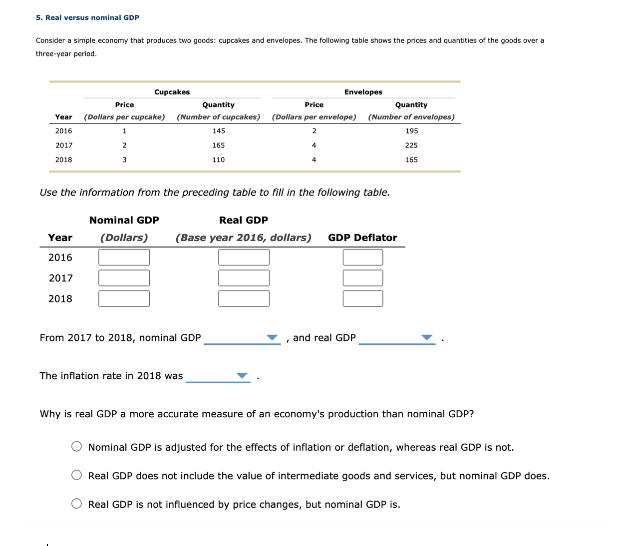 i need help 5. Real versus nominal GDP Consider a simple economy