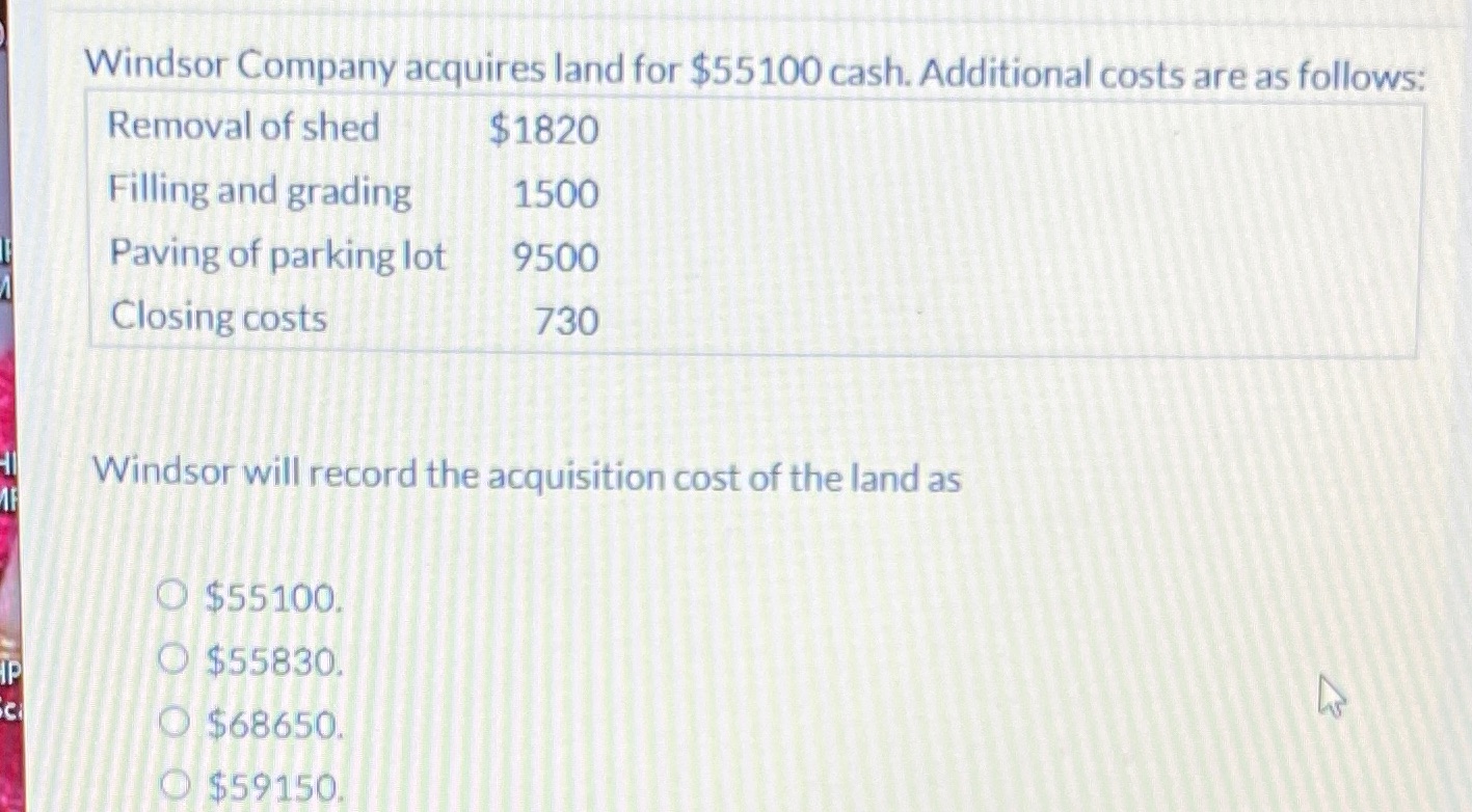 Accounting Windsor Company acquires land for $55100 cash. Additional costs are as