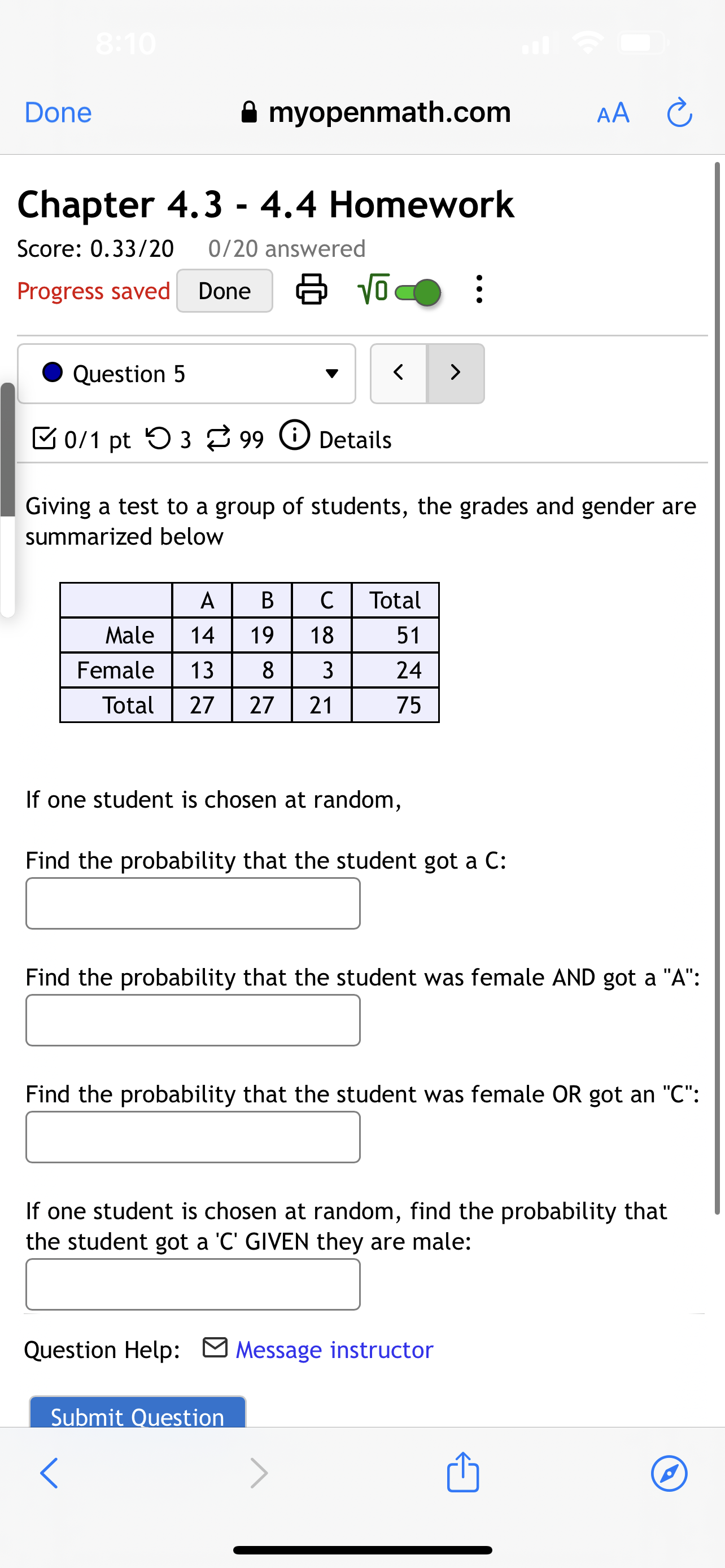 to a group of students, the grades and gender are summarized below