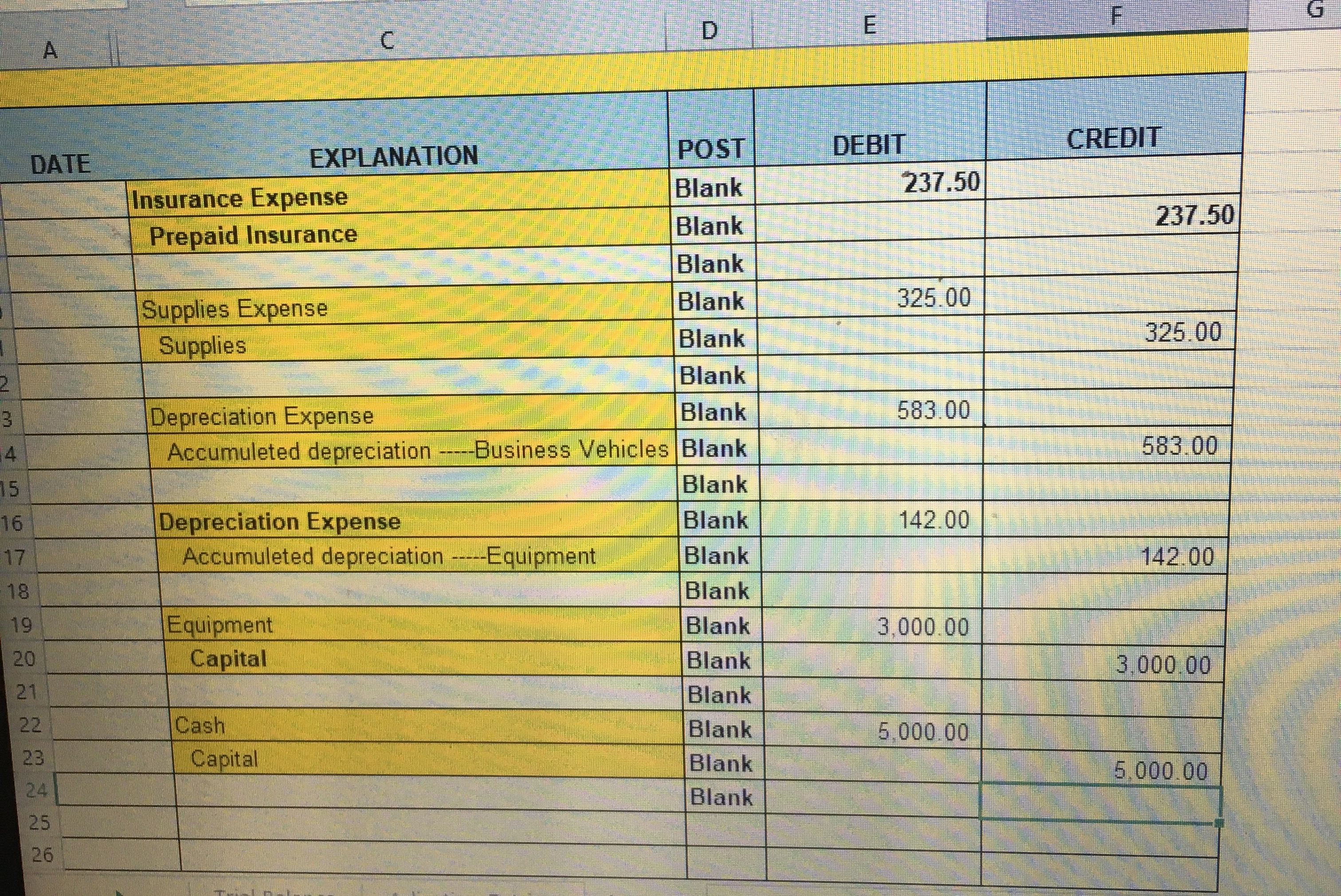  G D E A EXPLANATION POST CREDIT DATE DEBIT Insurance Expense