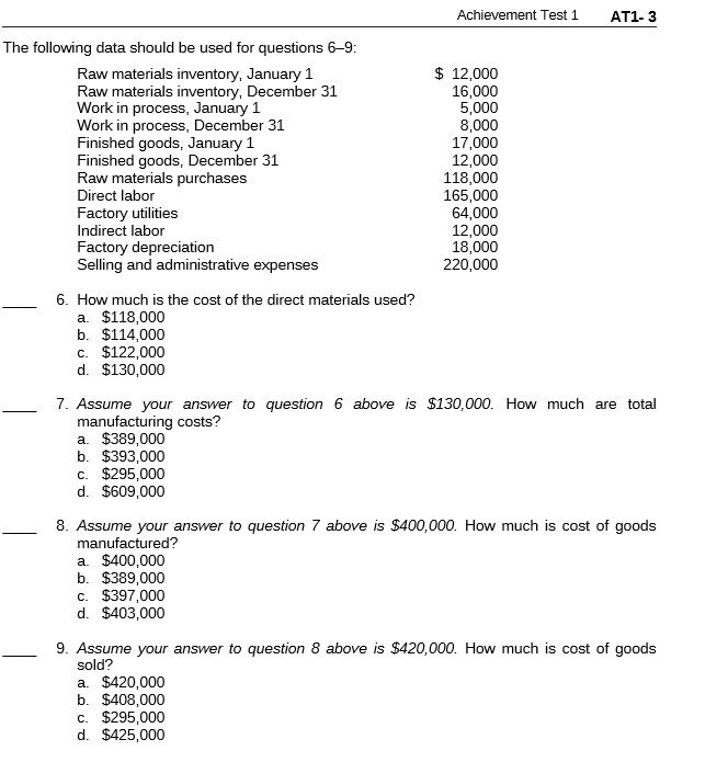 The following data should be used for questions 69: Raw materials inventory