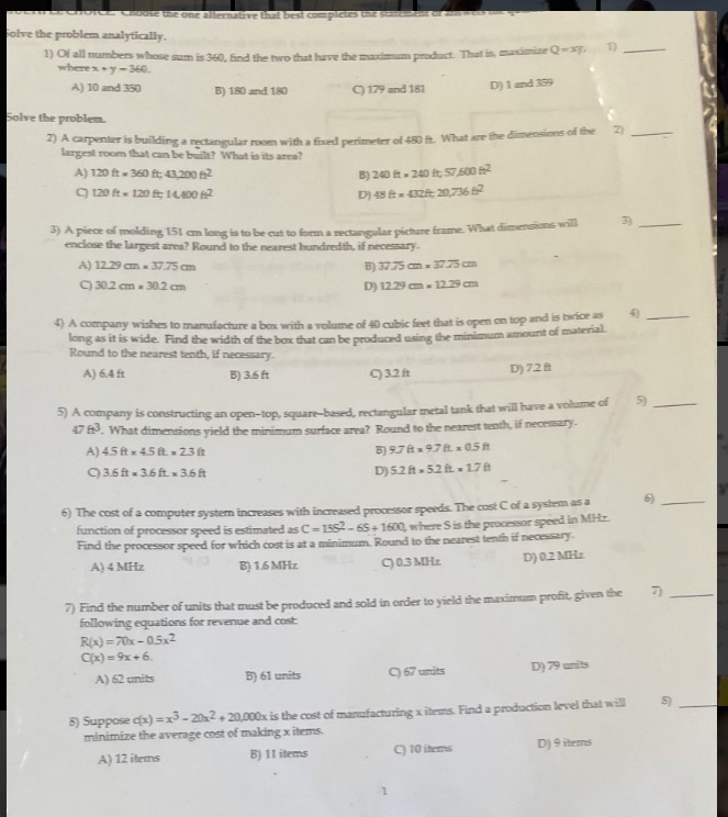 I need all work shown for all the problems. solve the problem