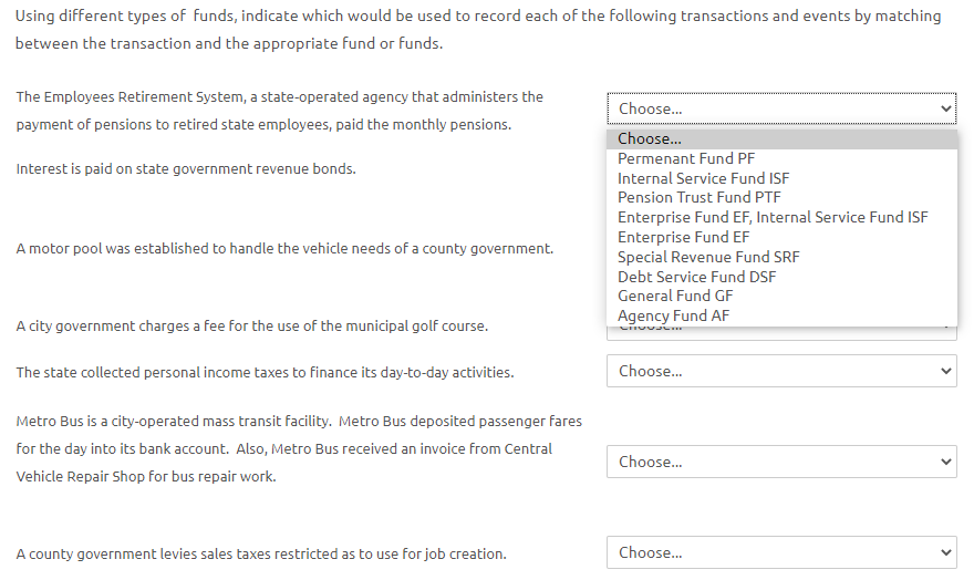 Using different types of funds, indicate which would be used to