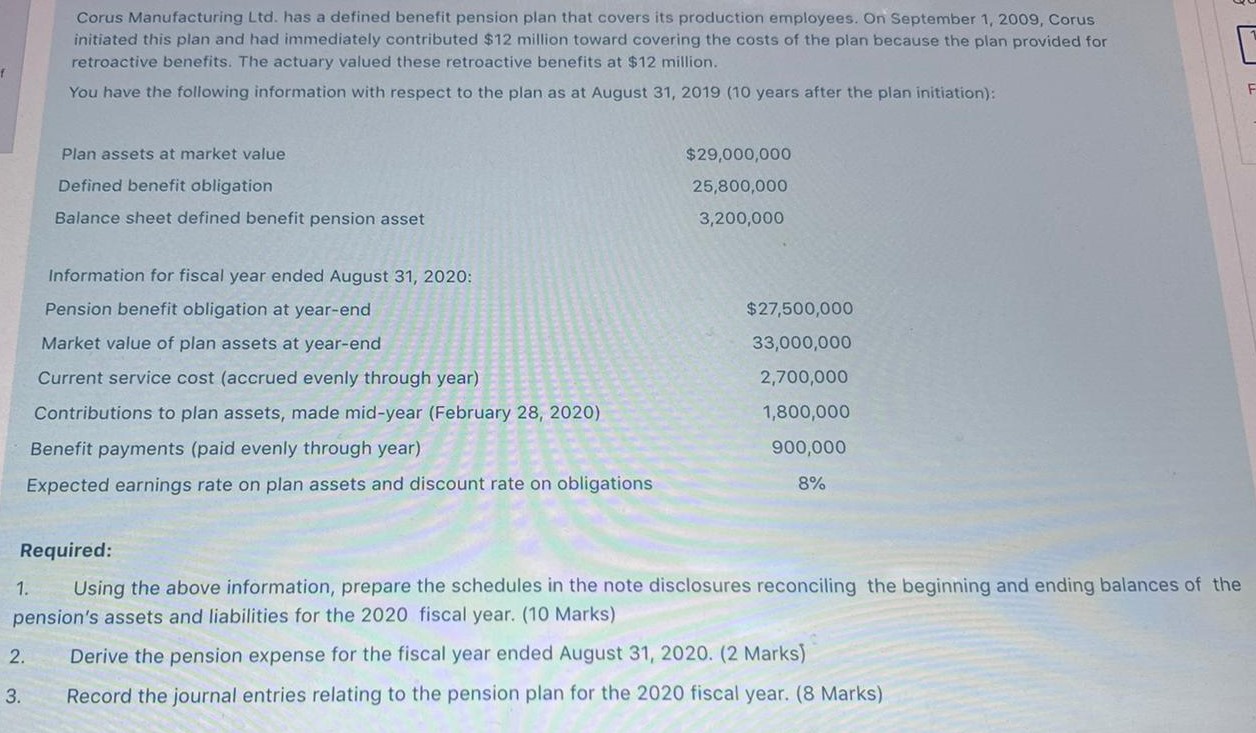 Please answer the following question: Corus Manufacturing Ltd. has a defined benefit