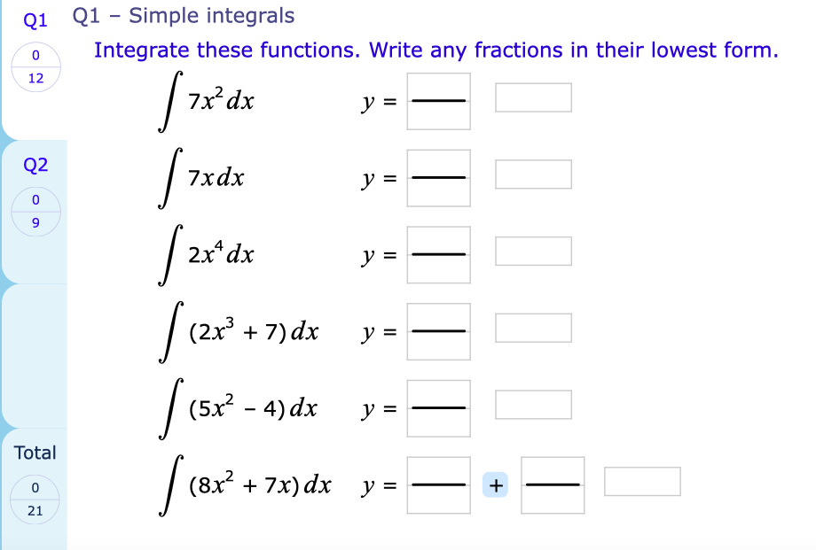 2x* dx (2x3 + 7) dx y = (5x2 -4) dx y