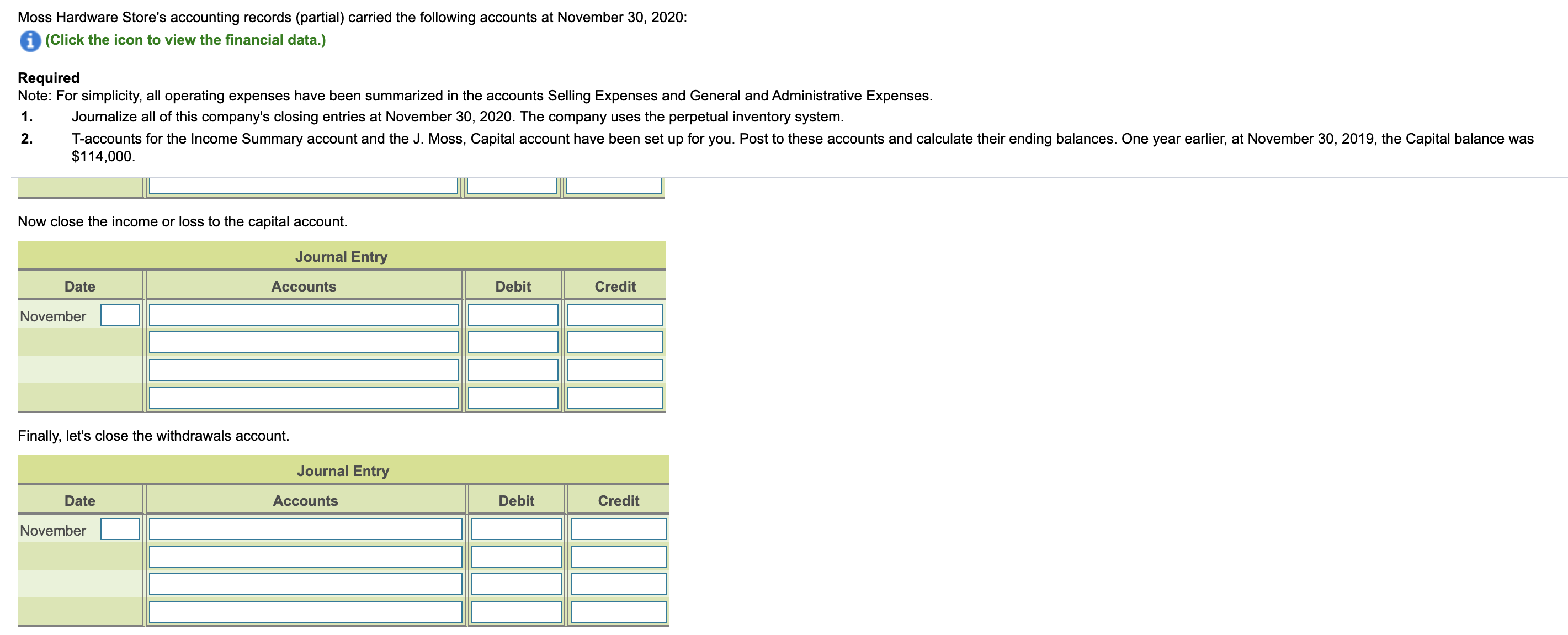 the Income Summary account and the J. Moss, Capital account have been