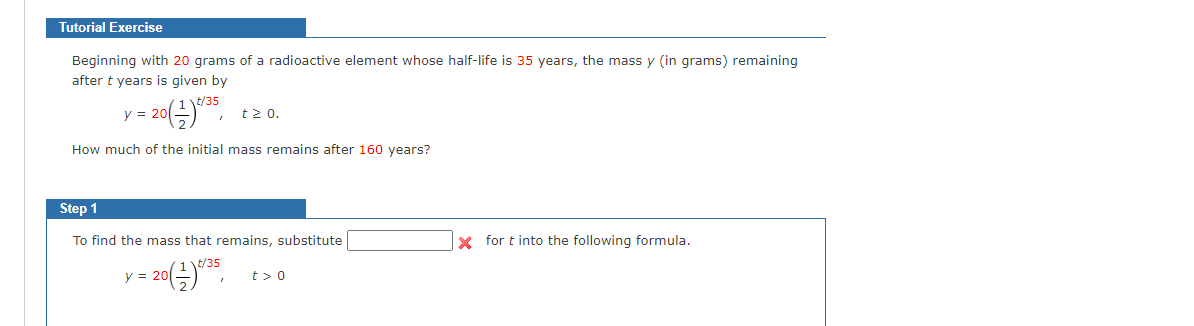 Tutorial Exercise Beginning with 20 grams of a radioactive element whose