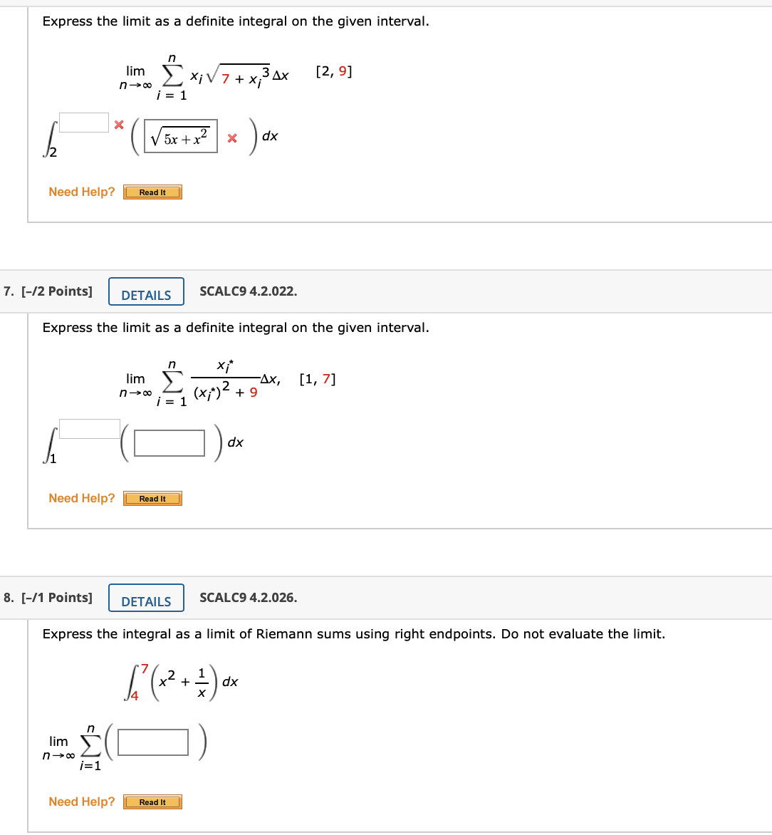  Express the limit as a definite integral on the given interval.