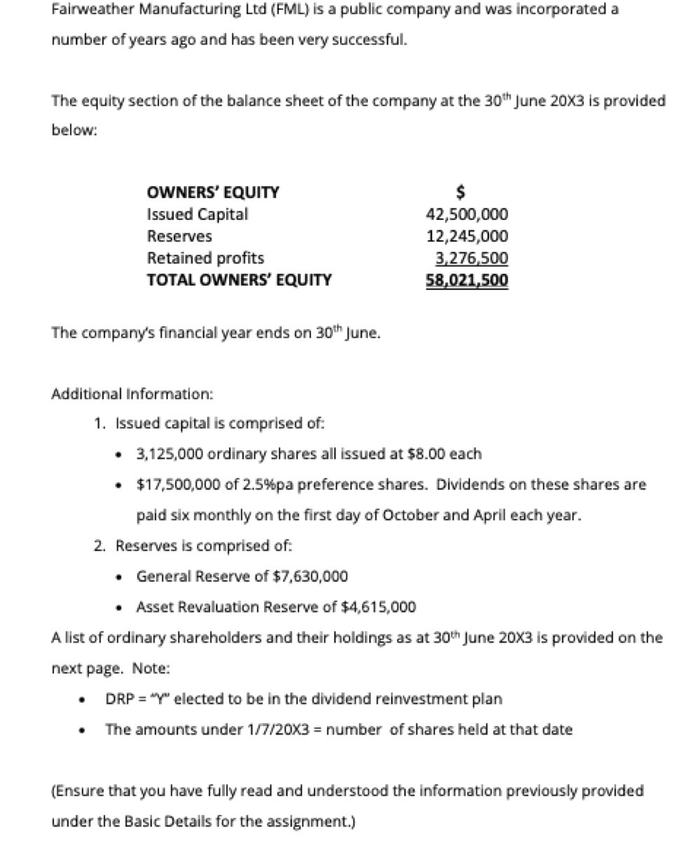 REQUIREMENTS FOR ASSIGNMENT You are presented with equity information together with five