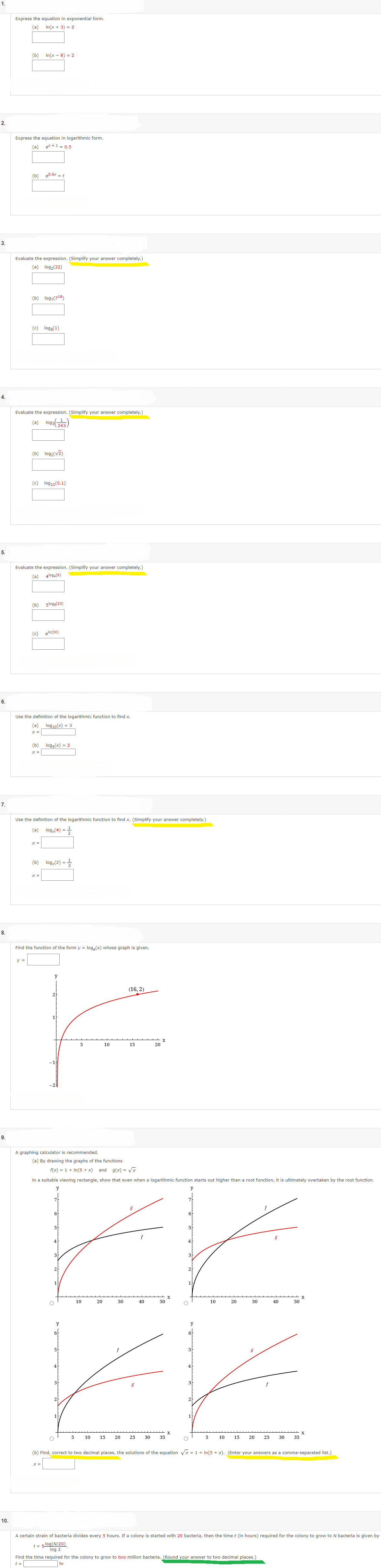 Express the equation in exponential form, (3) In(x + 3) =