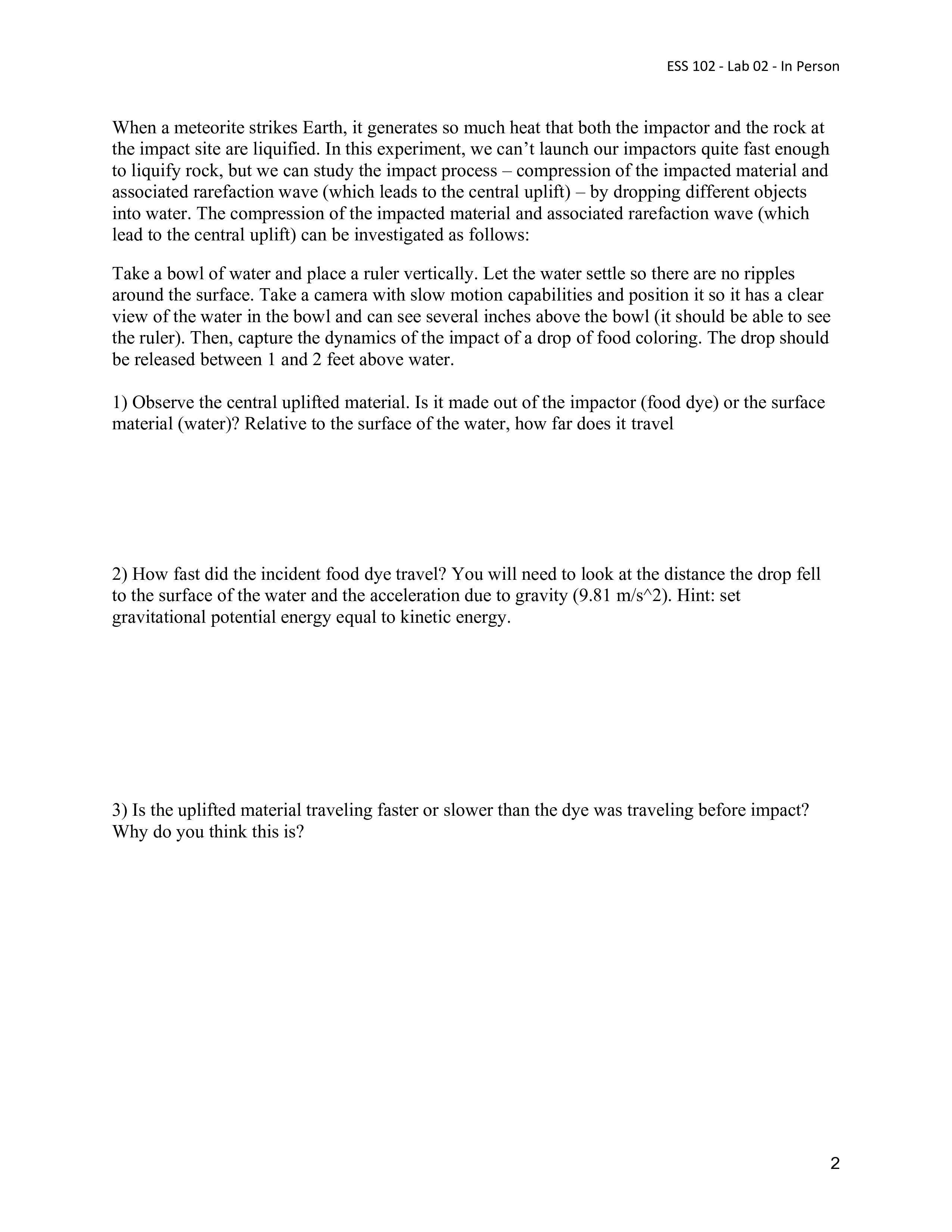 102 Lab 2: Impact Craters This is a GROUP lab. You will