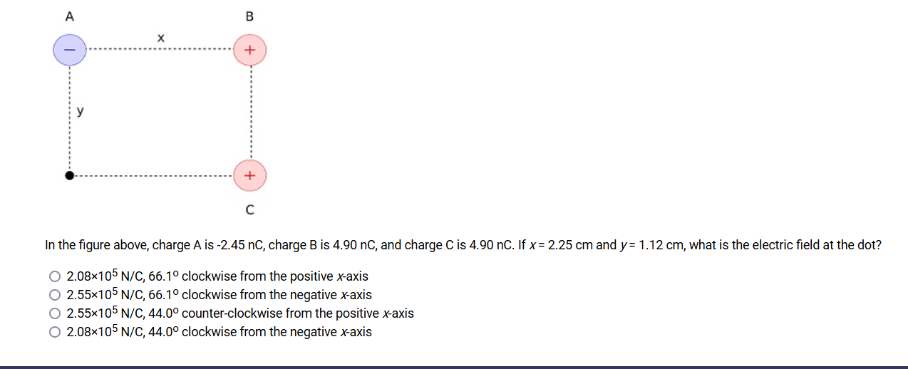 charge A is -2.45 nC, charge B is 4.90 nC, and charge