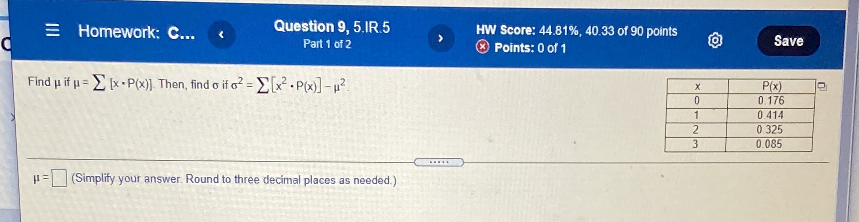 Homework: C... Question 9, 5.1R.5 Parti of2 Find if p = [x