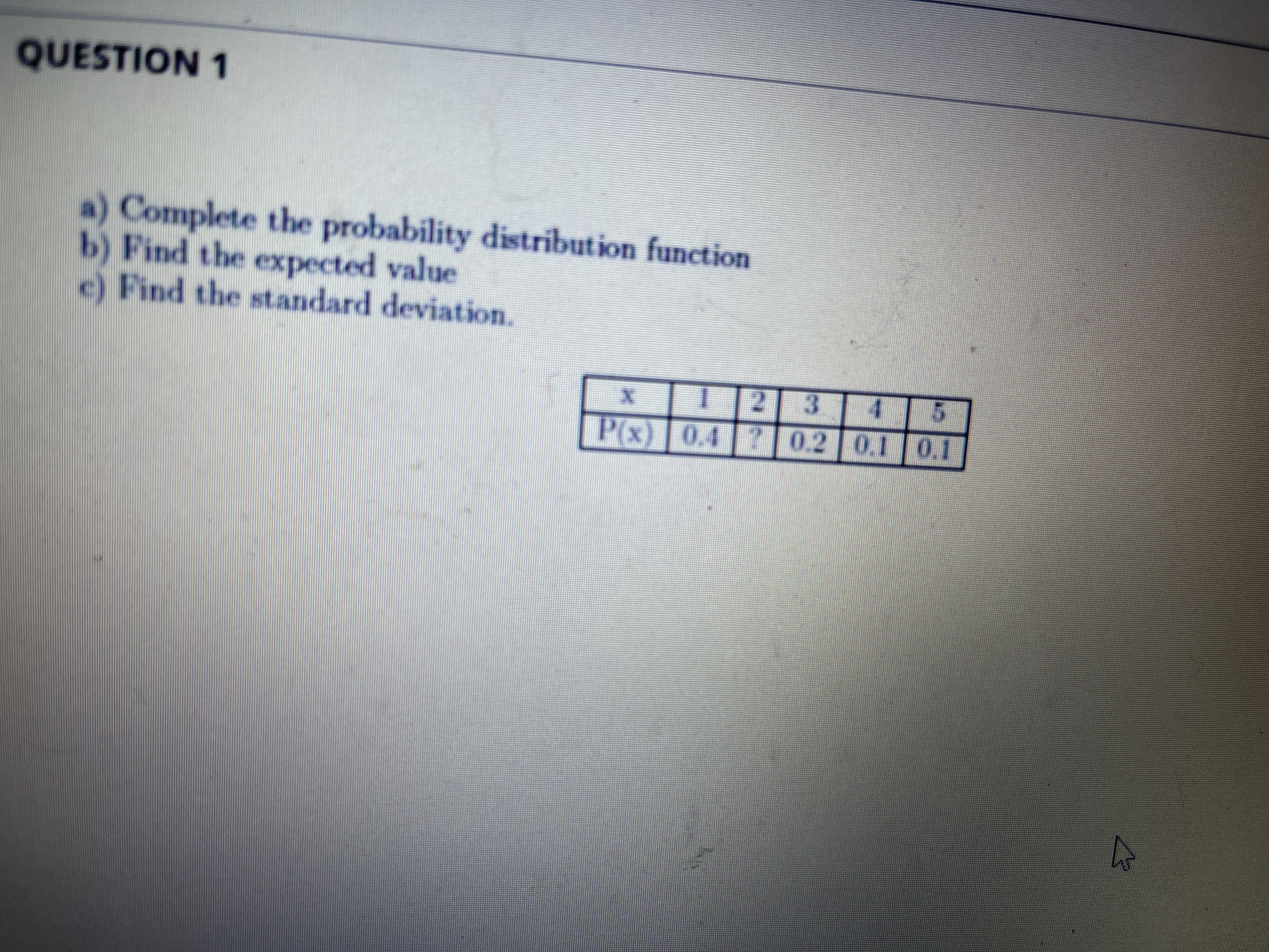 QUESTION 1 a) Complete the probability distribution function b) Find the