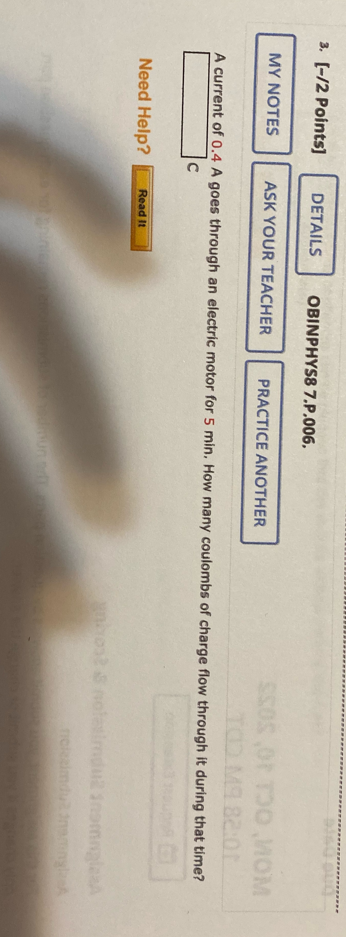  3. [-/2 Points] DETAILS OBINPHYS8 7.P.006. MY NOTES ASK YOUR TEACHER