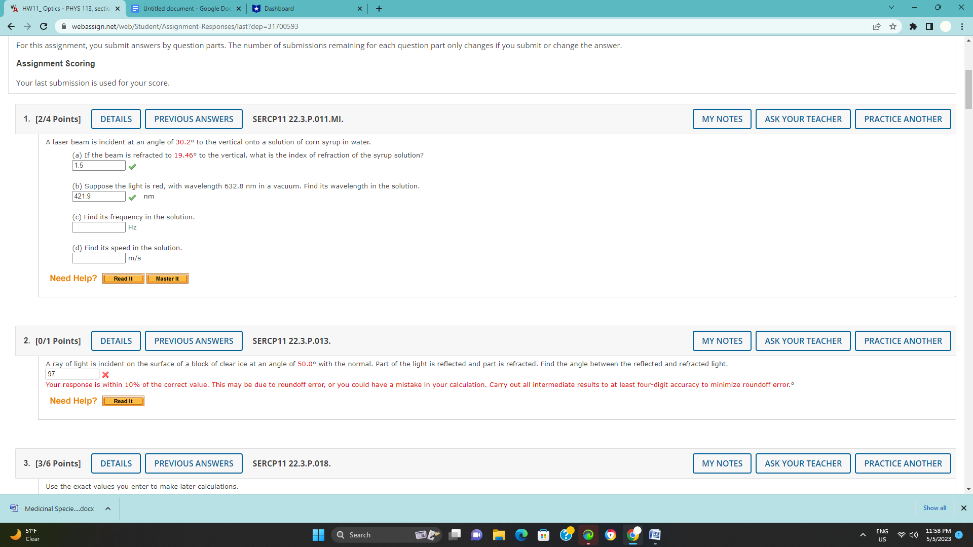 Google Doc X * Dashboard x + V X A webassign.net/web/Student/Assignment-Responses/last?dep=31700593 For