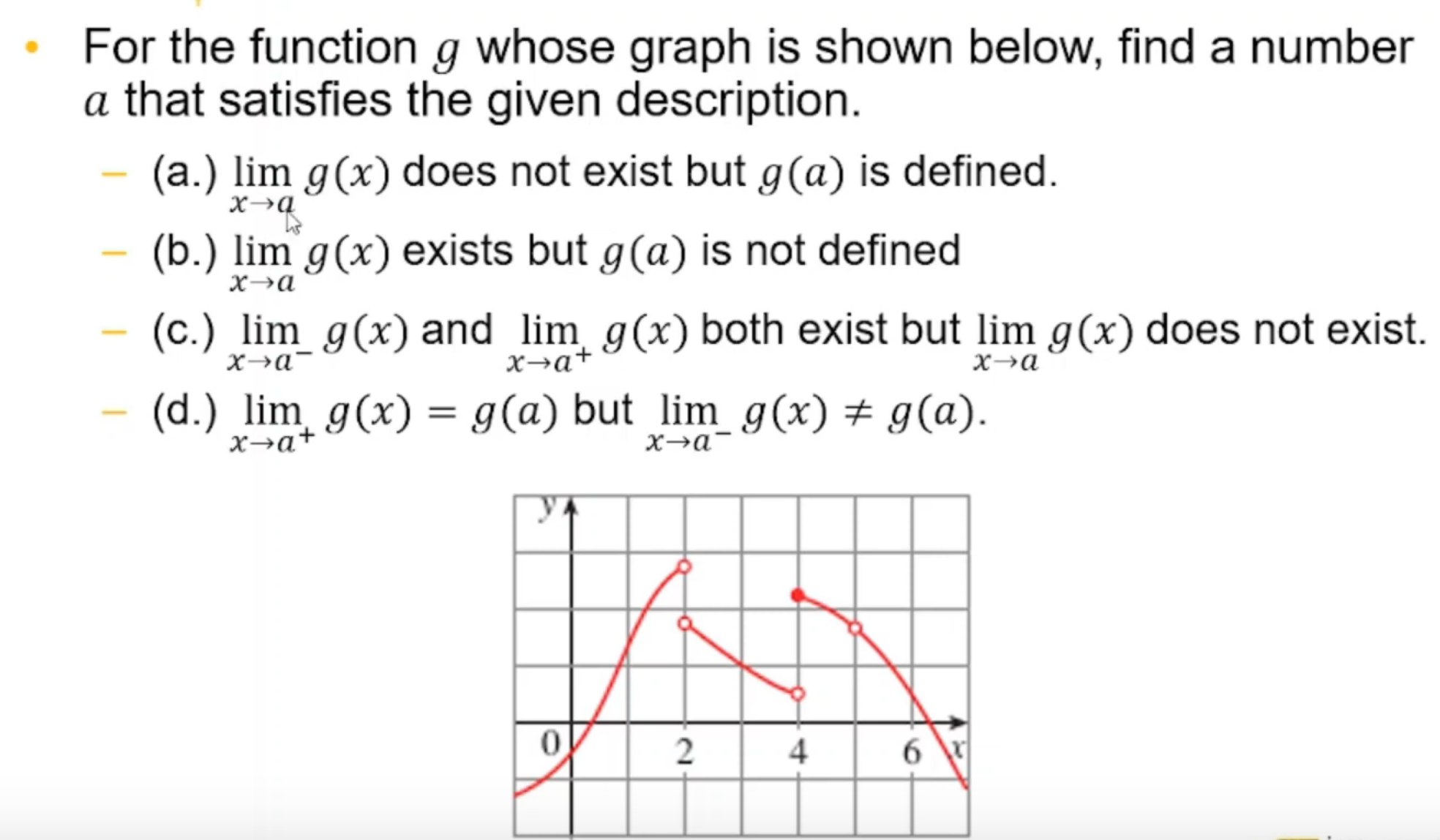 . For the function g whose graph is shown below, find