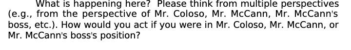 the perspective of Mr. Coloso, Mr. Mccann, Mr. Mccann's boss, etc.). How