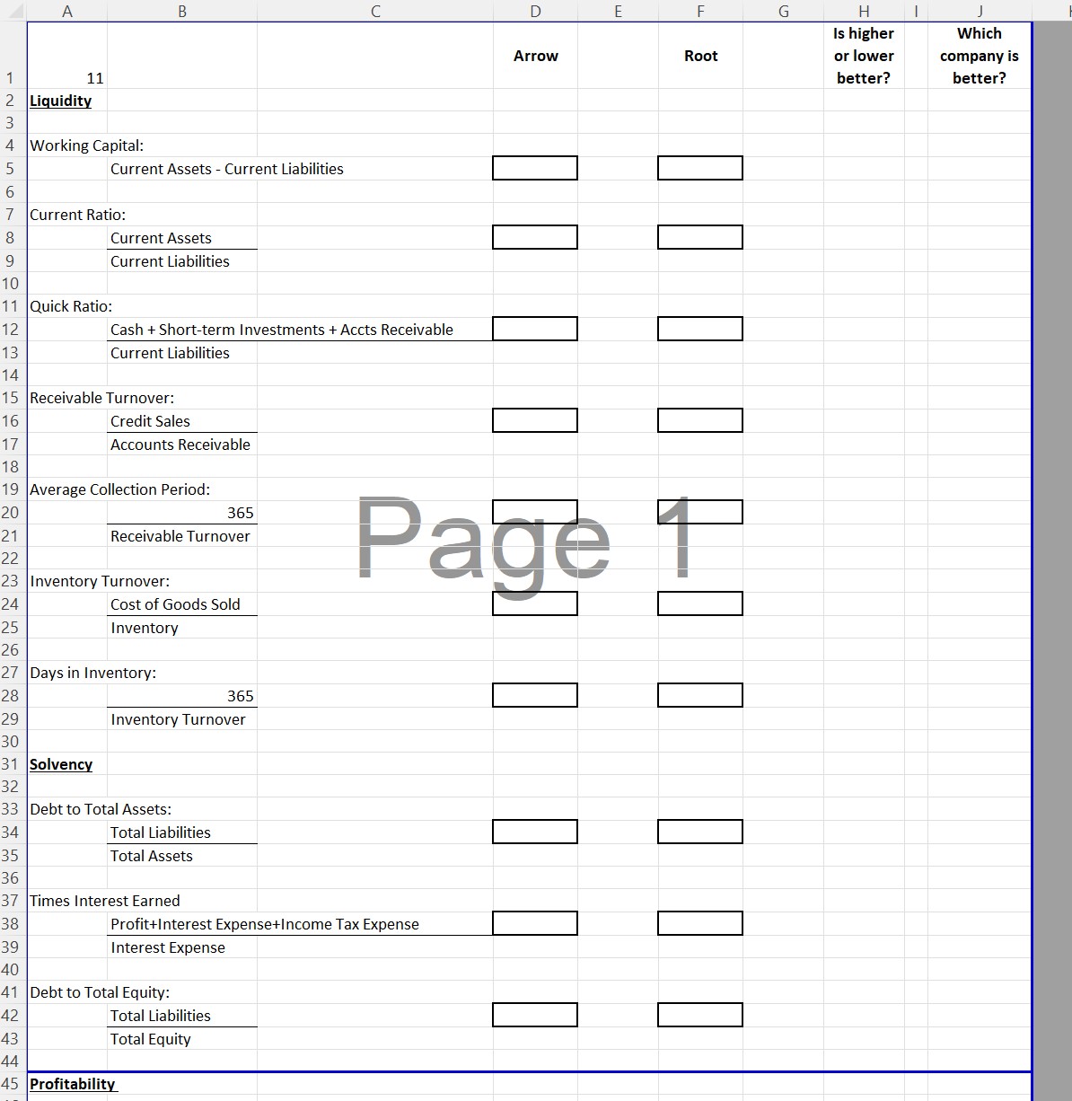 In the Microsoft Excel file on the "Ratio template for students" tab