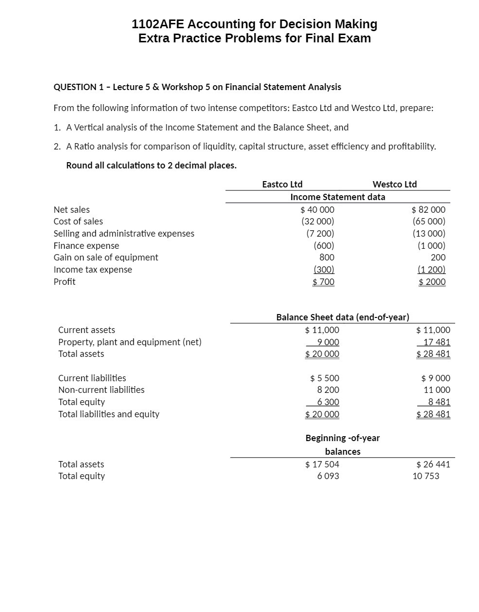 QUESTION 1 Lecture 5 5: Workshop 5 on Financial Statement Analysis From