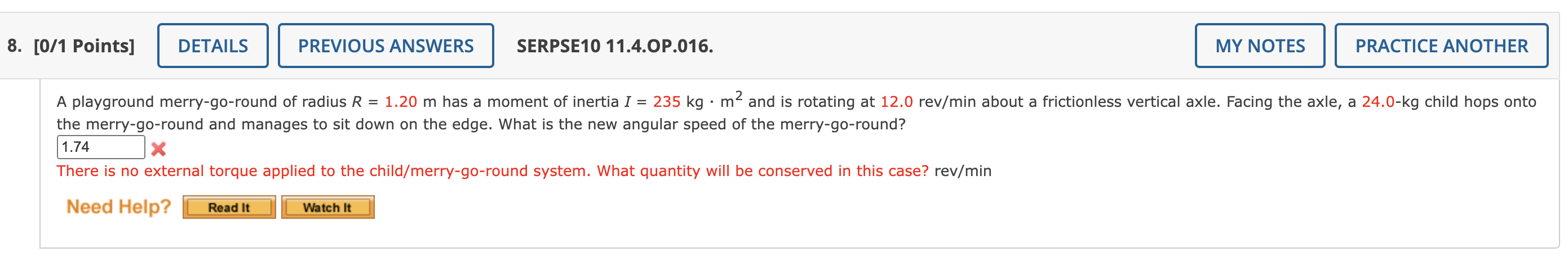  8. [0/1 Points] PREVIOUS ANSWERS SERPSE1011.4.0P.016. PRACTICE ANOTHER A playground merry-go-round