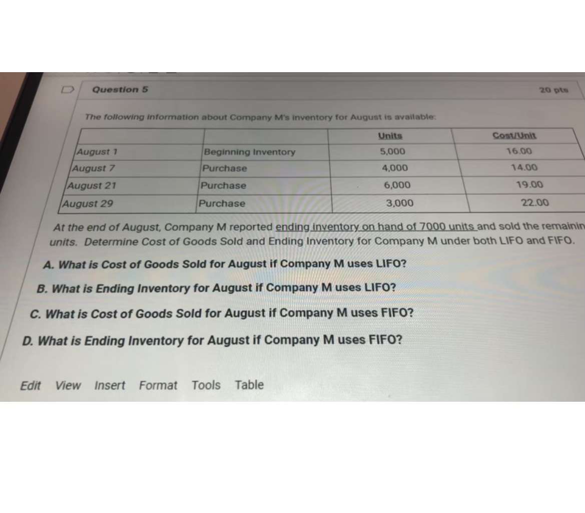 This is question 5 D Question 5 20 pts The following information