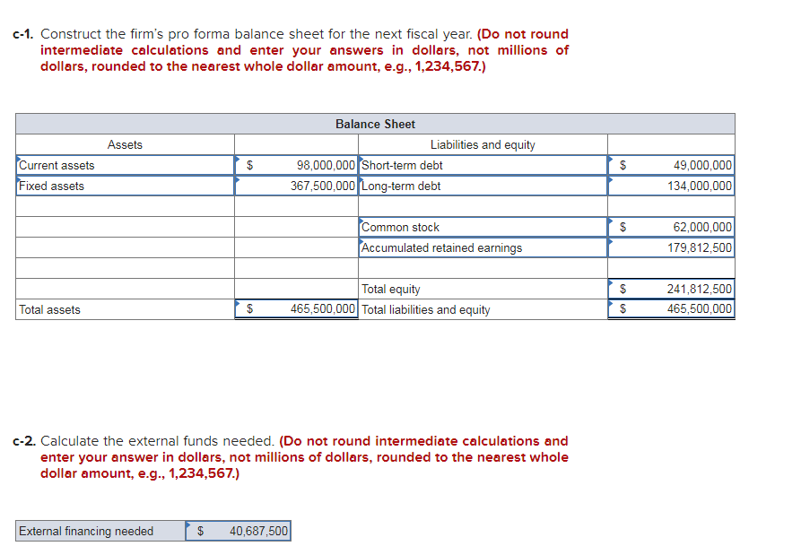  c'l. Construct the rm's pro forma balance sheet for the next