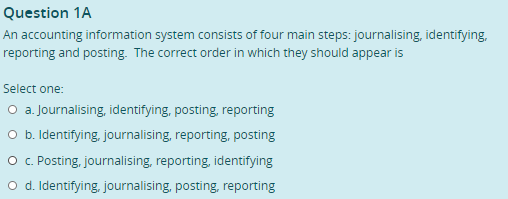 Please see question from practice quiz below. Question 1A An accounting information