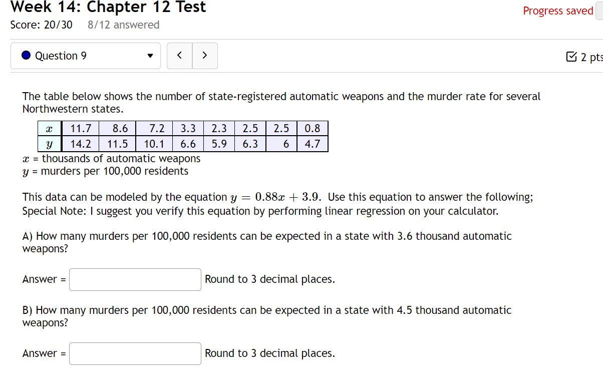 week 14: Chapter 12 Test Progress saved Score: 20/30 8/12 answered