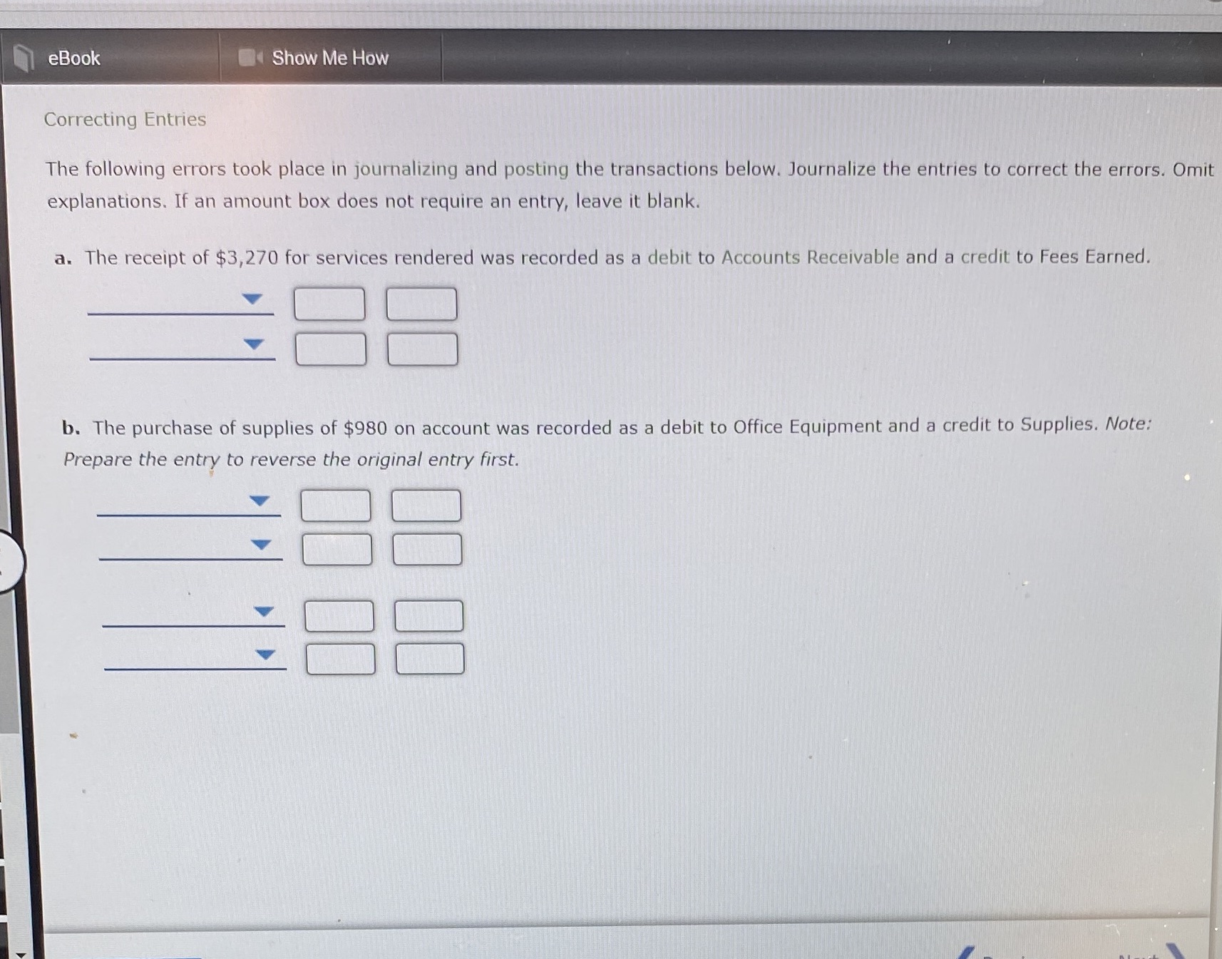 eBook Show Me How Correcting Entries The following errors took place