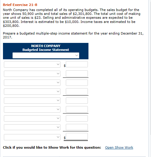 Brief Exercise 21-8 North Company has completed all of its operating budgets.