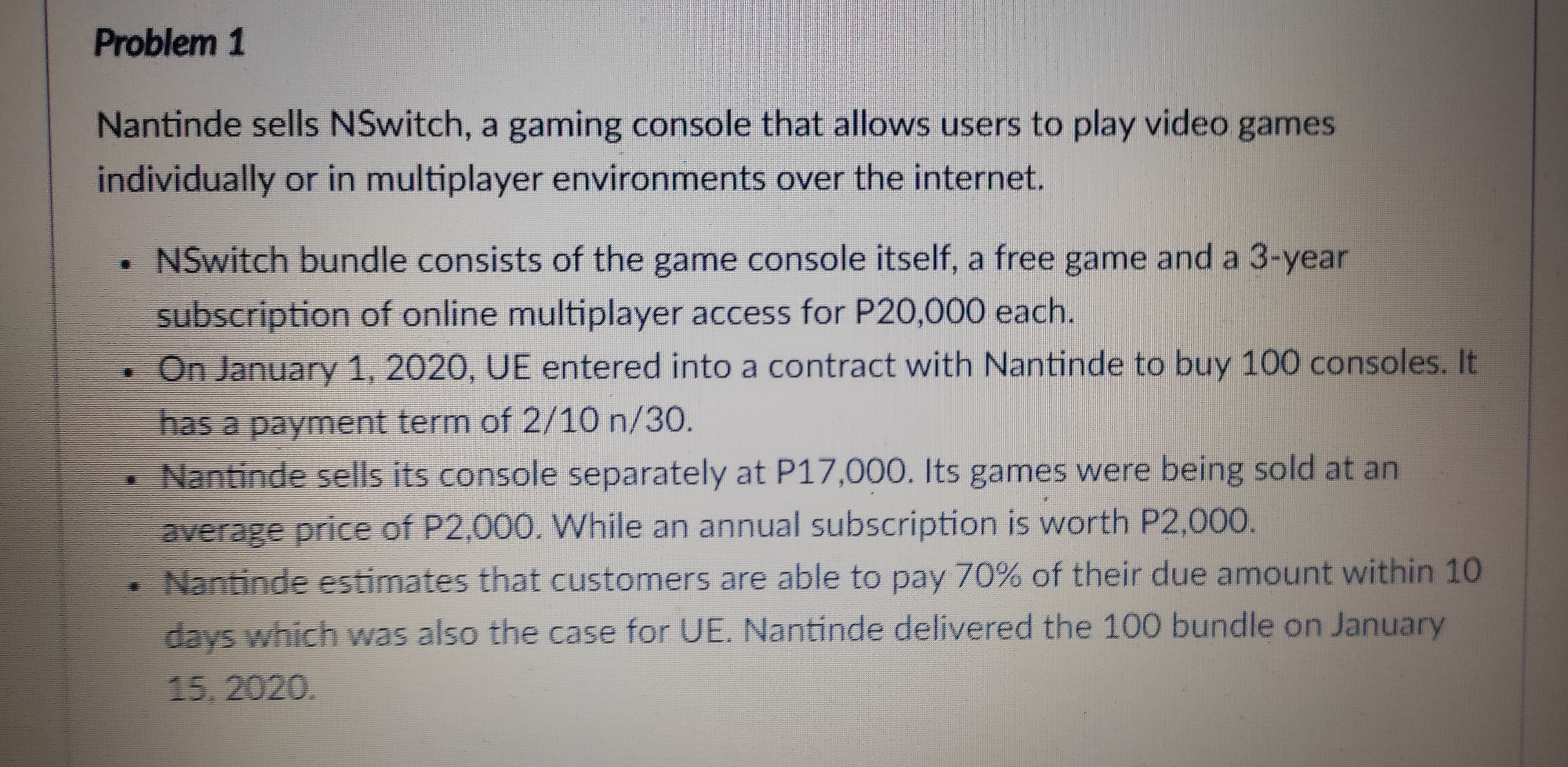  Problem 1 Nantinde sells NSwitch, a gaming console that allows users