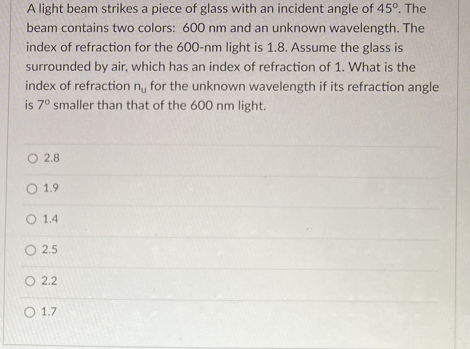 index of refraction of the prism is 1.5. What is the smallest