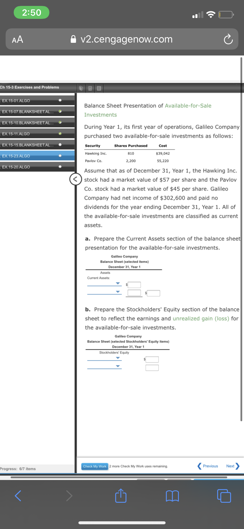 Please help! 2:50 AA A v2.cengagenow.com C Ch 15-3 Exercises and Problems