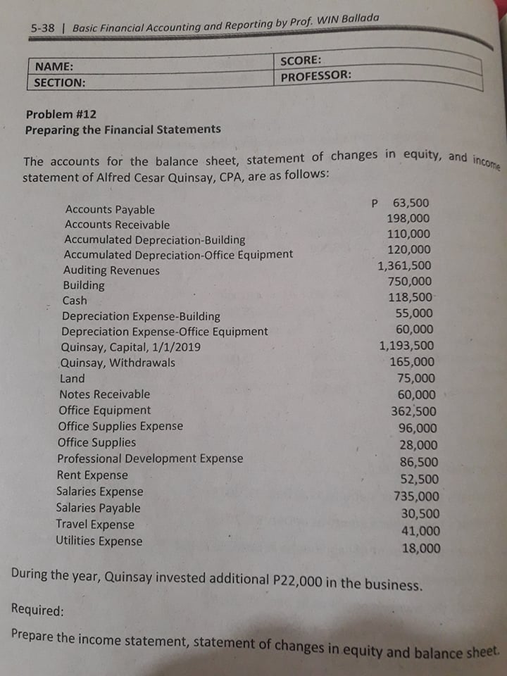 Problem No. 1 5-38 | Basic Financial Accounting and Reporting by Prof.