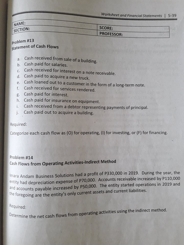 WIN Ballada NAME: SCORE: SECTION: PROFESSOR: Problem #12 Preparing the Financial Statements