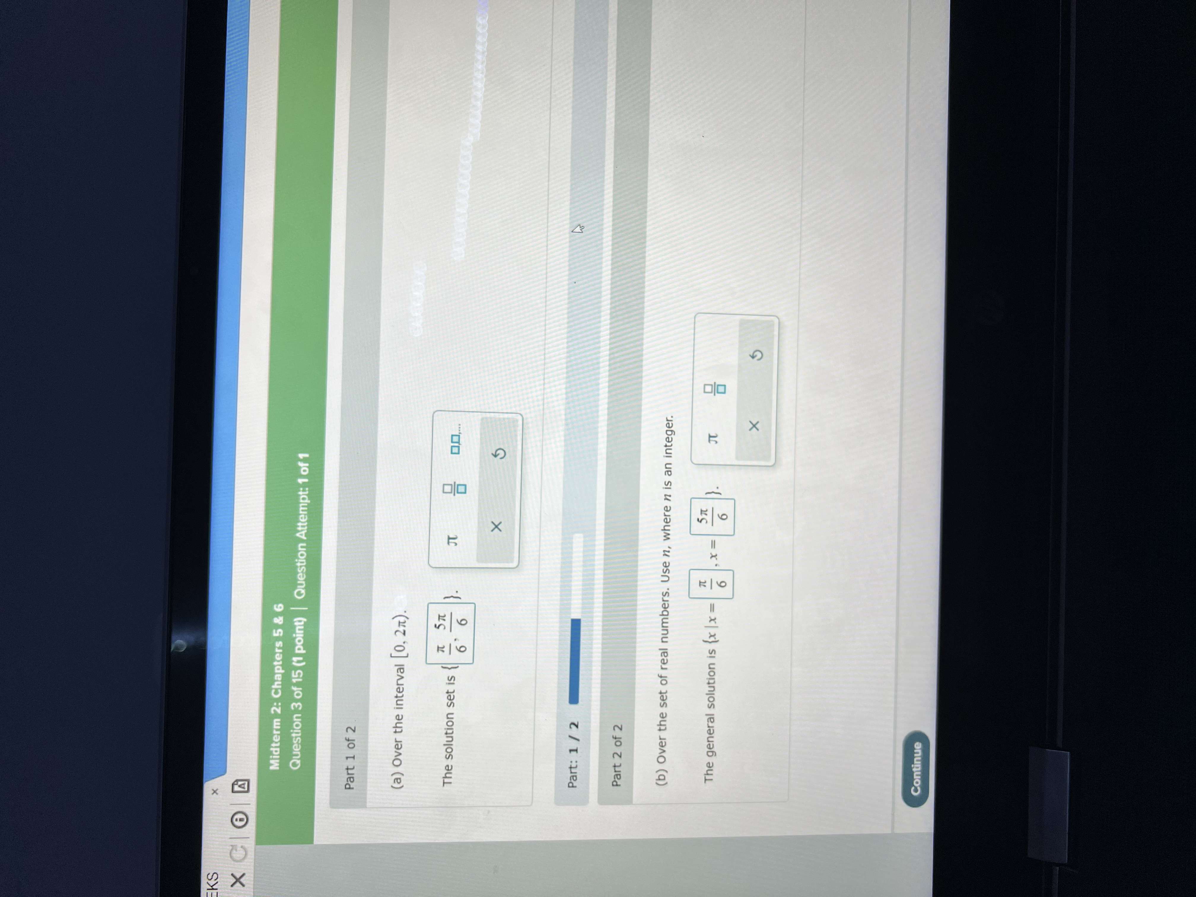 1 of 2 (a) Over the interval [0, 2it). The solution set
