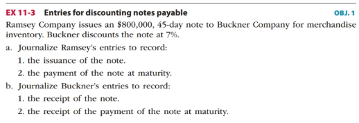  EX 11-3 Entries for discounting notes payable OBJ. 1 Ramsey Company