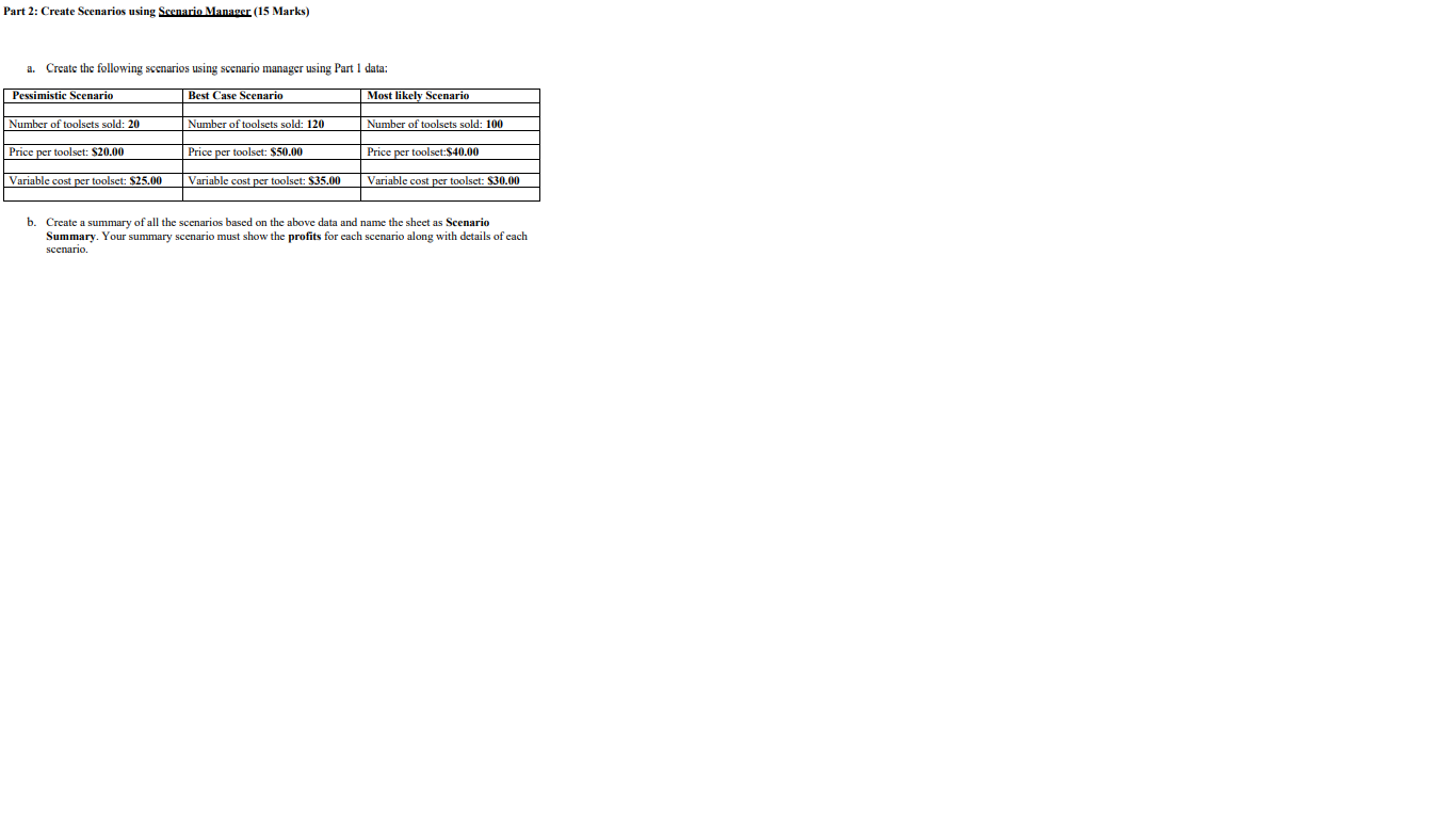 EXCEL Part 2: Create Scenarios using Scenario Manager (15 Marks) a. Create